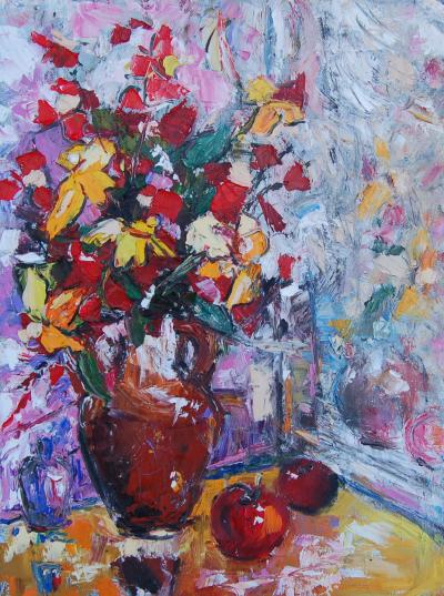 Flowers with red apples